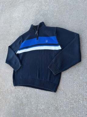 Chaps Sweater Men's Extra Large Blue White Stripe Pullover 1/4 Zip 100% Cotton